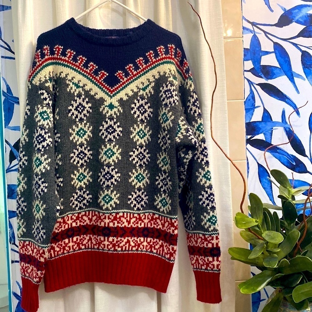 Men’s Allen Lolly Blue Red & Green 100% Wool Heavy Weight Sweater Size Medium